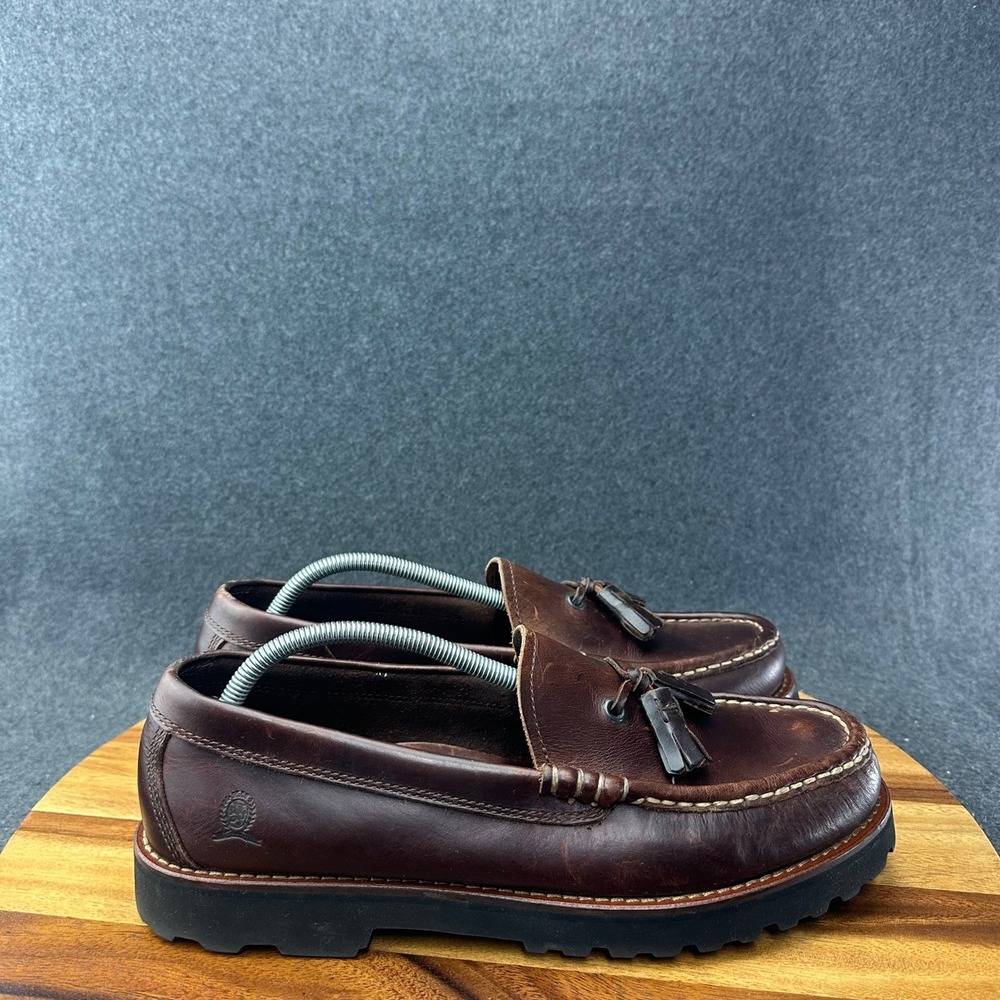 Tommy Hilfiger Mens M14435 Dark Brown Leather Boat Tassel Lug Sole Loafers Sz 12